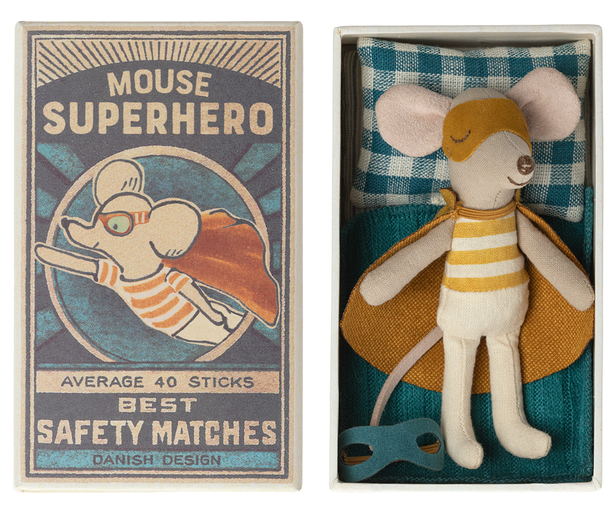 Maileg Superhero Mouse Little Brother in Matchbox