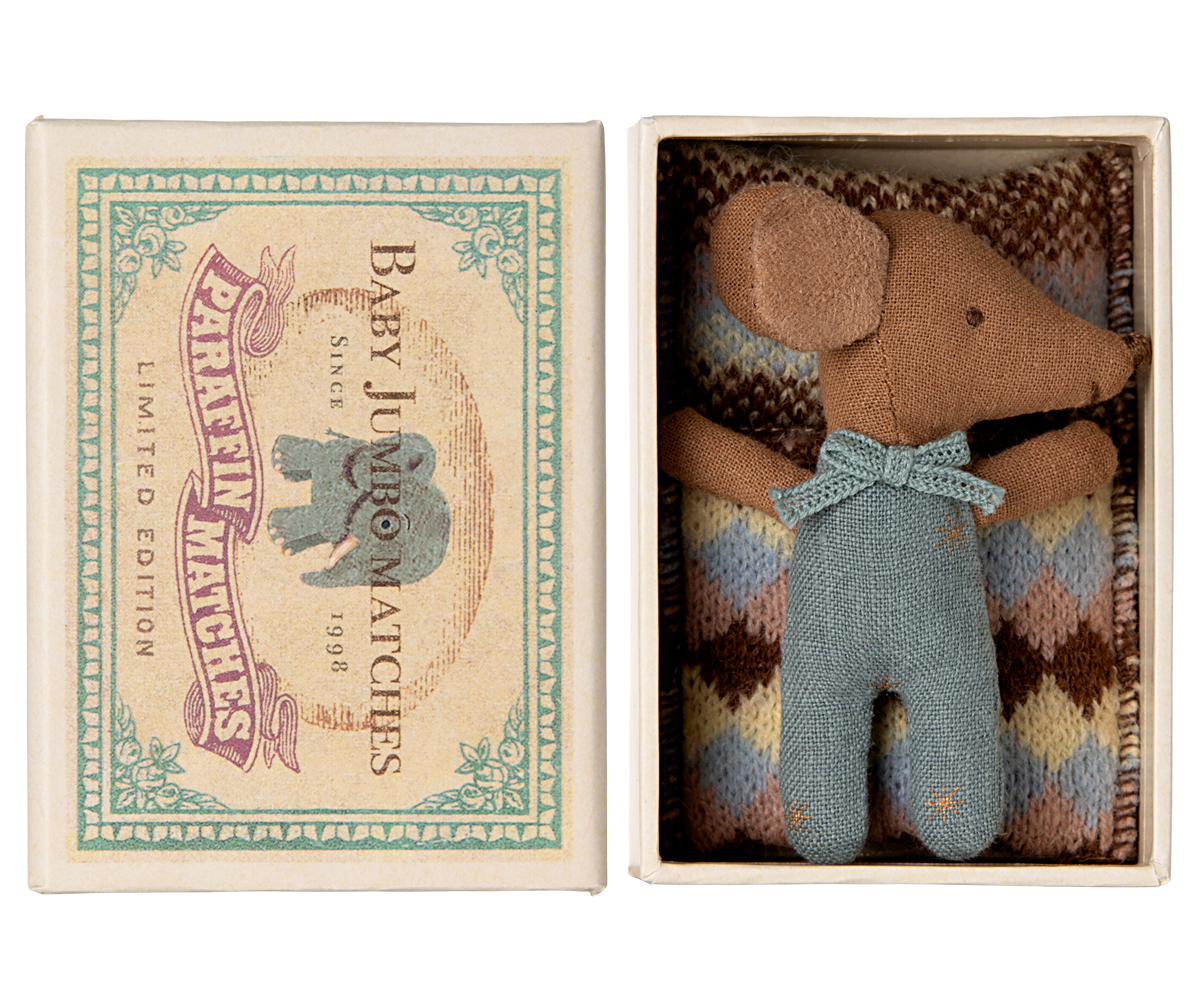 Maileg Sleepy Wakey Baby Mouse in a Matchbox - Blue