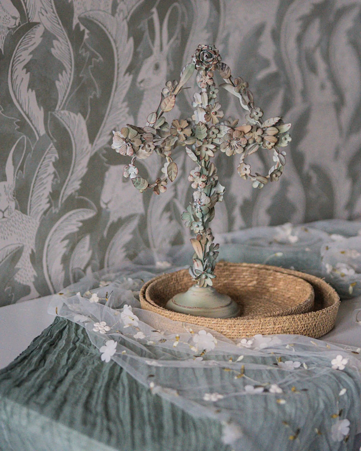 Alot Löpare Broderade Blommor Creme