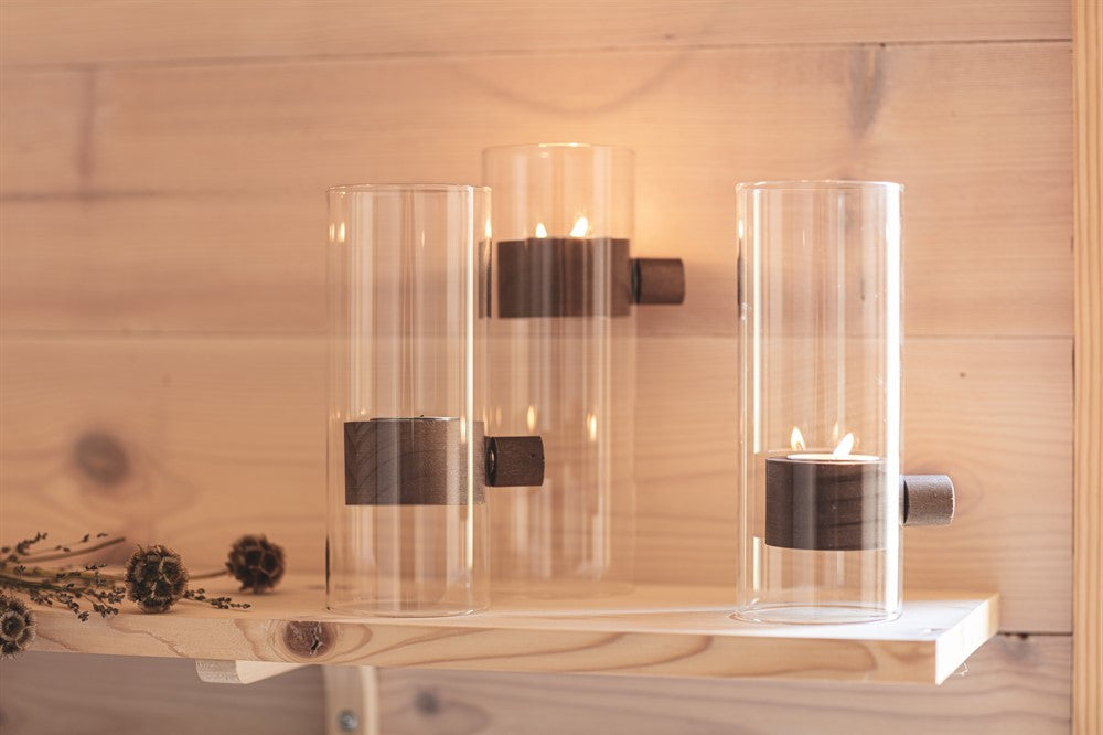 Mogihome Elvin Ljuslykta glas med mörka trädetaljer 18cm